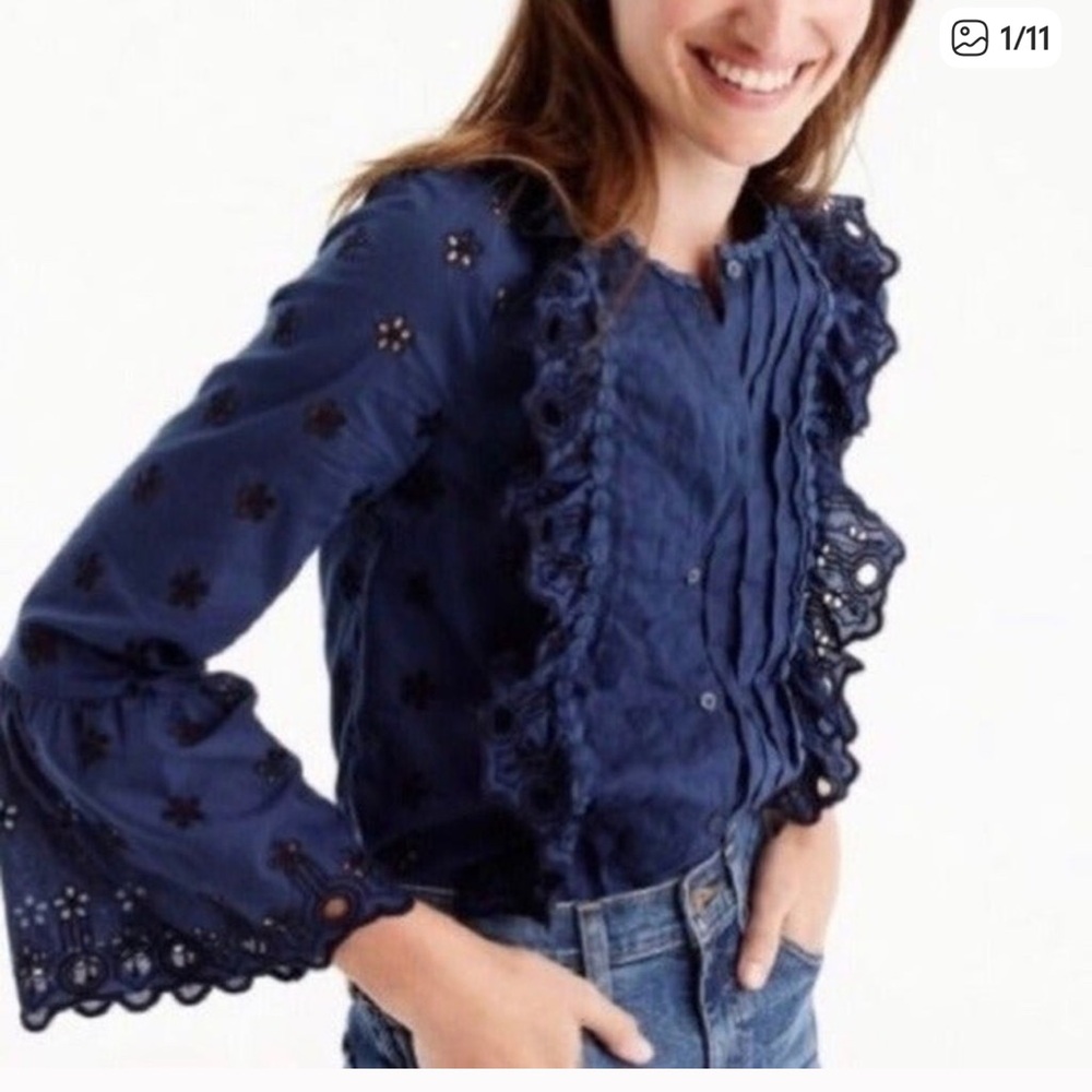J CREW Eyelet Ruffle Button Down Top Bell Sleeve